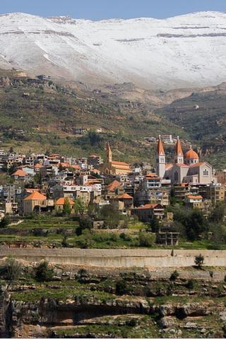 Town under Snow covered Mountains, Lebanon